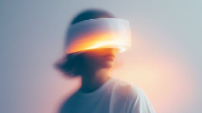 A person wearing a blurred light interface