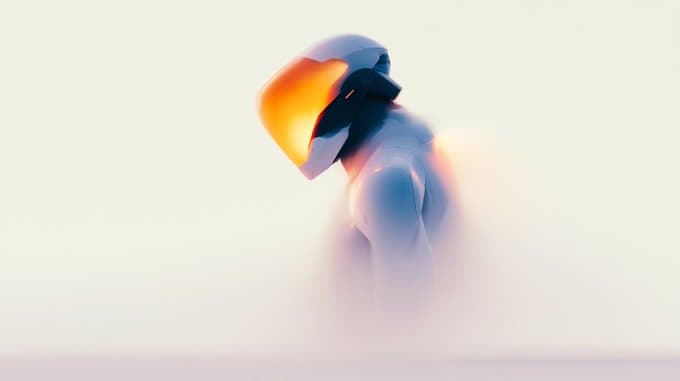 A helmeted figure moving through a soft light beam