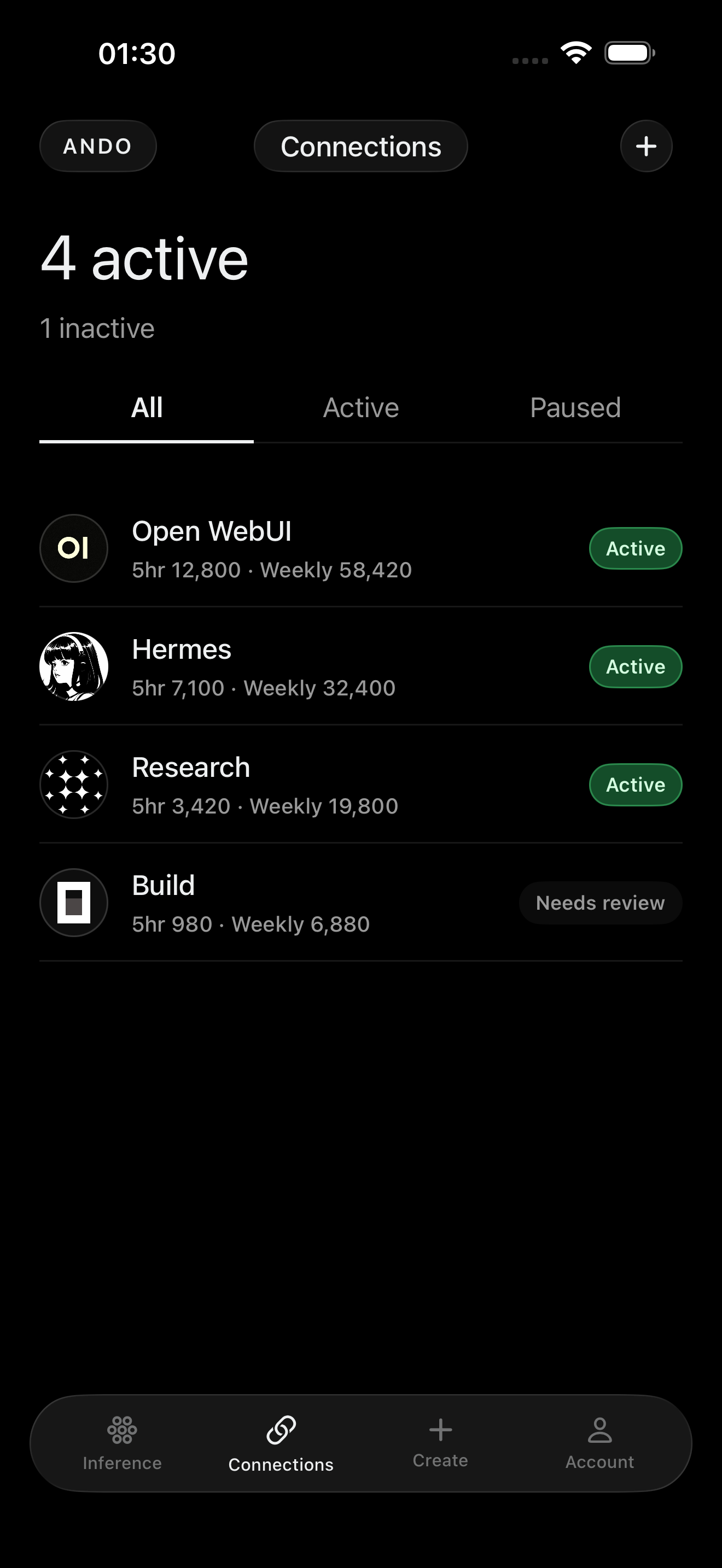 Ando iOS connections screen