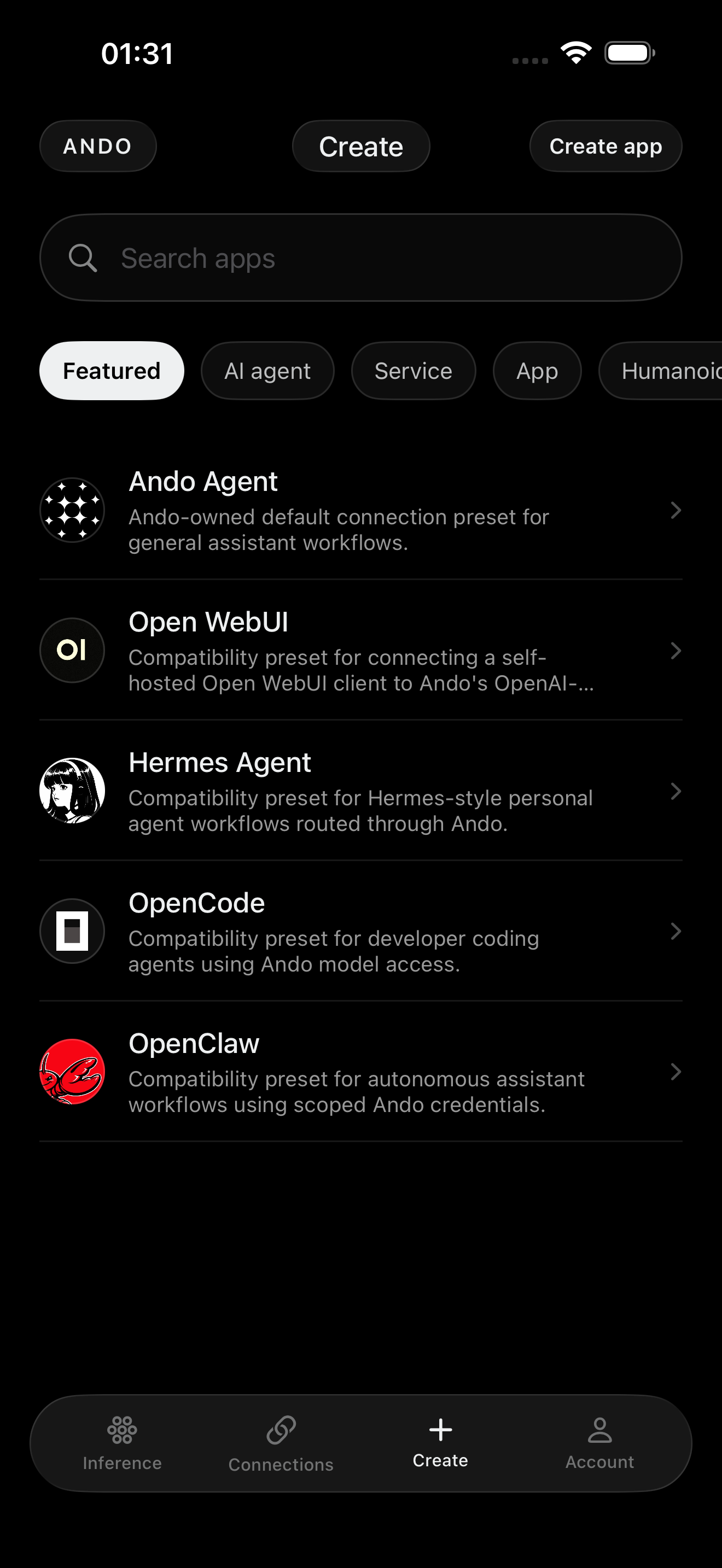 Ando iOS create connection screen