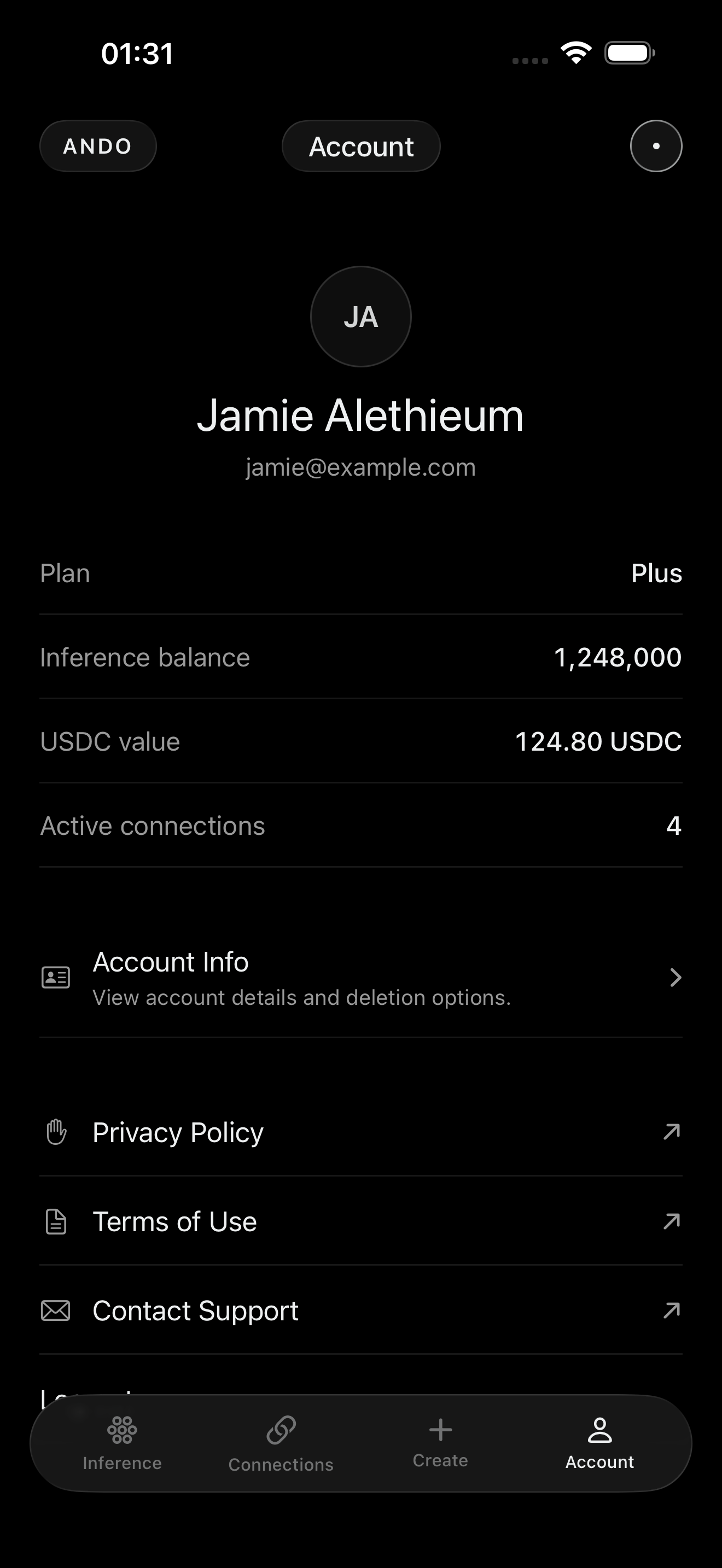 Ando iOS account screen